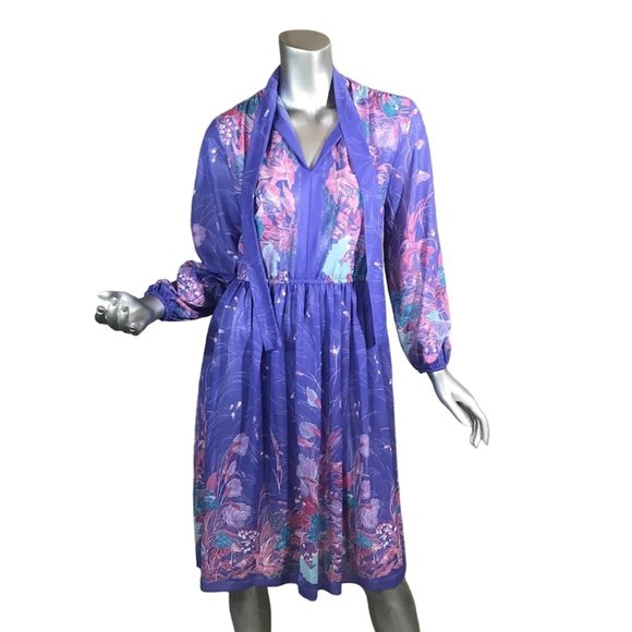 Vintage Mavinette Dress Women's Small/Medium Purple Pink Blue Floral Pattern 3/4 - Picture 4 of 16